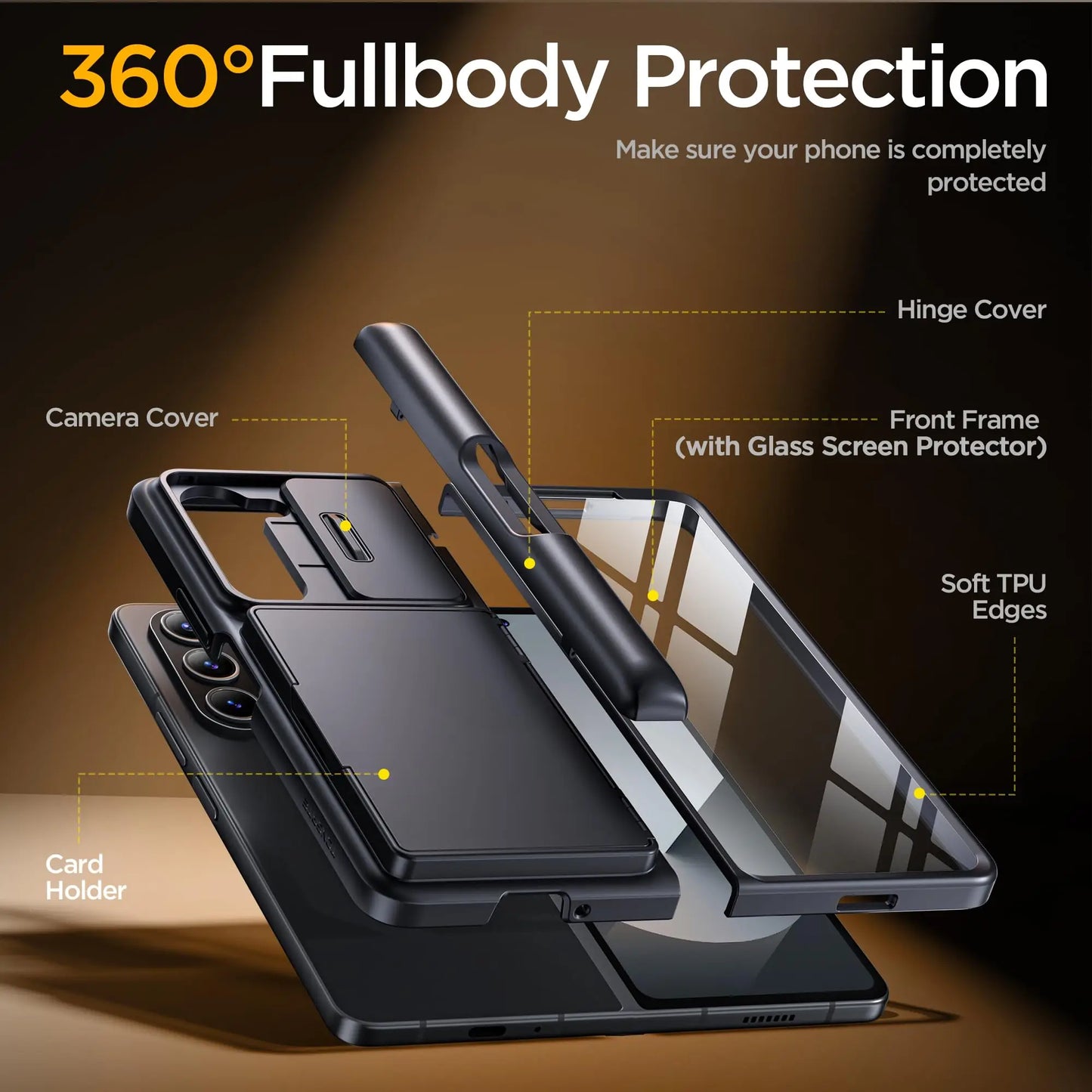 For Z Fold 6 Case with Secure Card Holder Sliding Camera Cover Rugged Hinge Protection Wallet Phone Case Glass Screen Protector