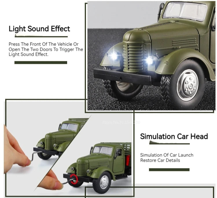 1:24 CA10 Vintage Truck Armored Car Model Toy Alloy Diecast Military Carrier Transport Vehicles Models Sound Light s Gifts