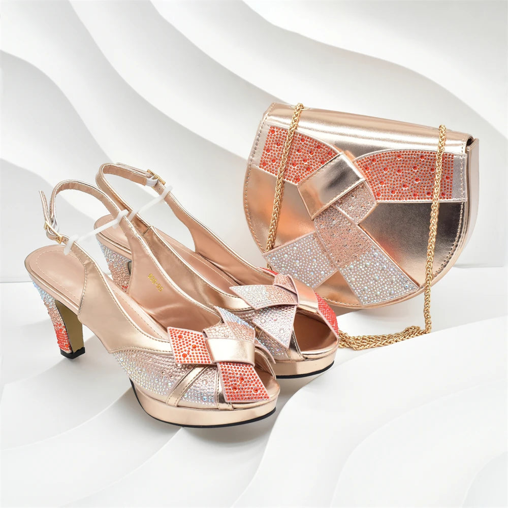 Women Nigerian Italian Shoes and Bags Set Decorated with Rhinestone Peep Toe High Heels Women Pumps for Wedding