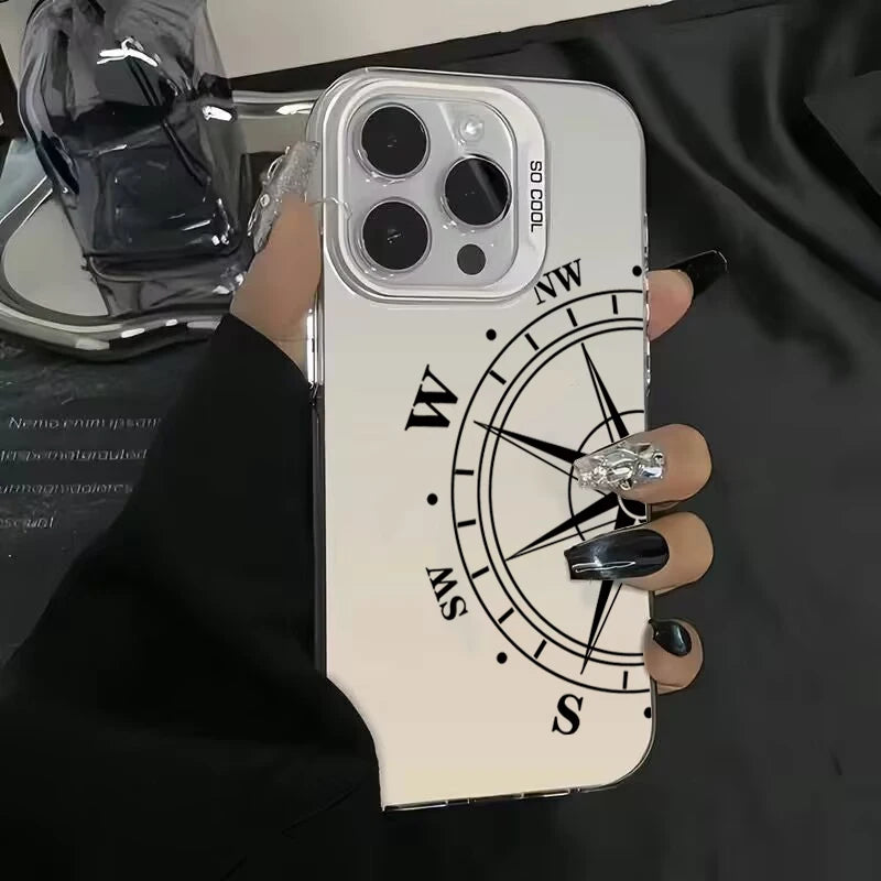 Fashion Vintage Compass Phone Case for iPhone 16 16E 14 15 Pro Max Hard IMD Shockproof Cover