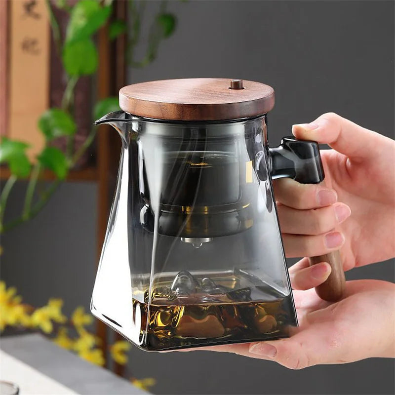 One Click Tea Separation Filtration Bottom Mountain View Glass Teapot With Wood Handle 700ml Kungfu Tea Water Separation Tea Pot