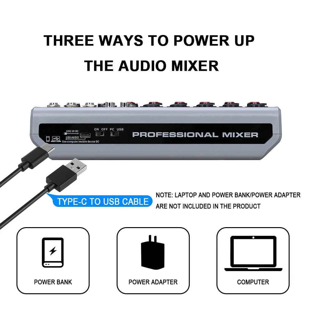 BOMGE 7 Channel Audio Mixer with Bluetooth USB 5 Mic Line 1 Stereo Input XLR Balanced 6.35mm Jack Output With headphone monitor
