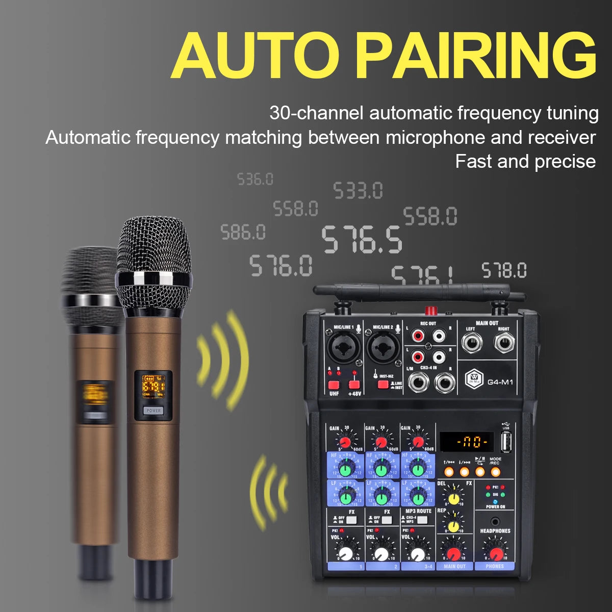Winmix 4-Channel Audio Mixer Console with UHF Wireless Microphone Kit Bluetooth USB Audio Interface,for DJ Karaoke PC Guitar