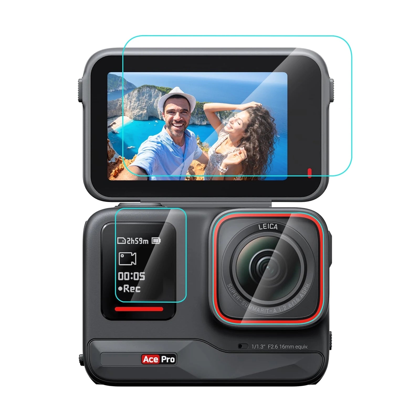 for Insta360 Ace Pro 3 in 1 Rear & Front Screen + Lens Tempered Glass Film