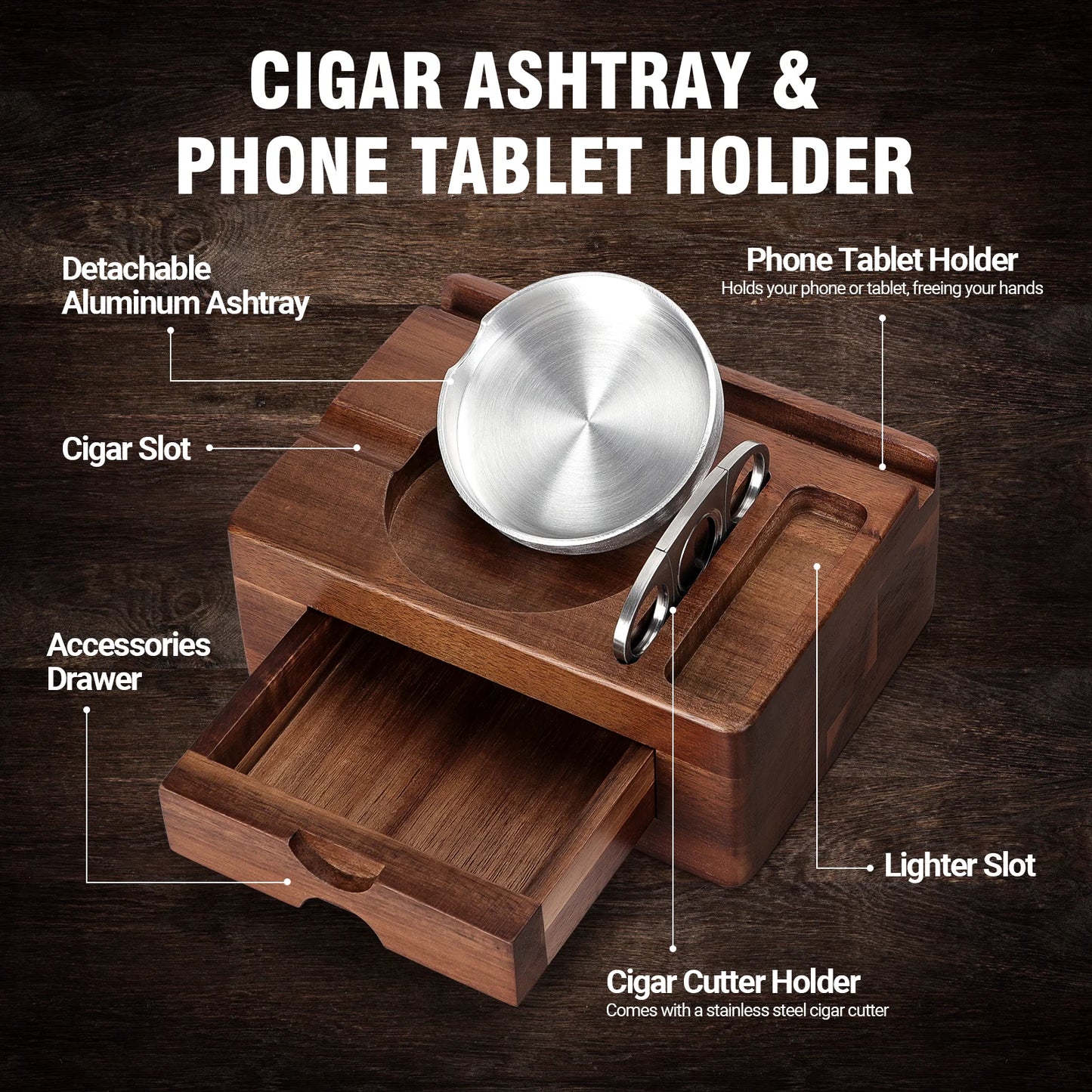 Cigar Ashtray Wooden Cigar Ashtray with Drawer, Cigar Cutter, Phone Holder, Tablet Accessories