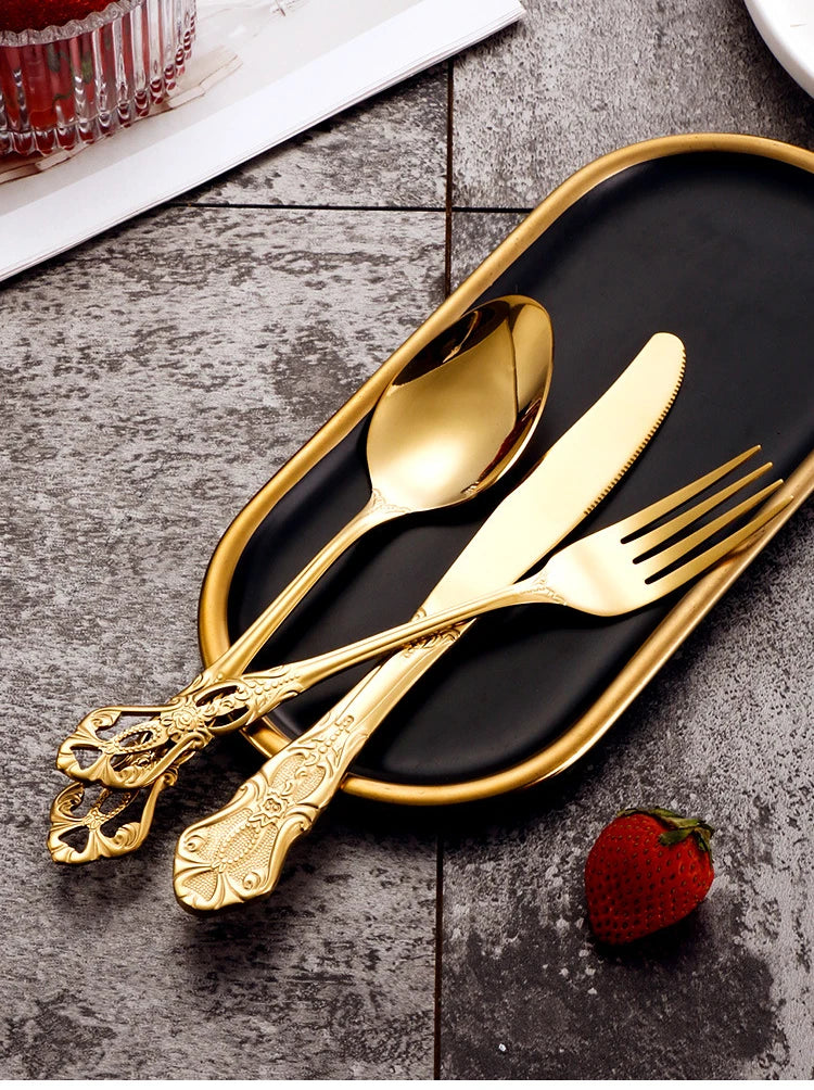 Retro Gold Cutlery Set Luxury Complete Tableware European Style Gift Box Stainless Steel Spoon Fork Steak Knife Set