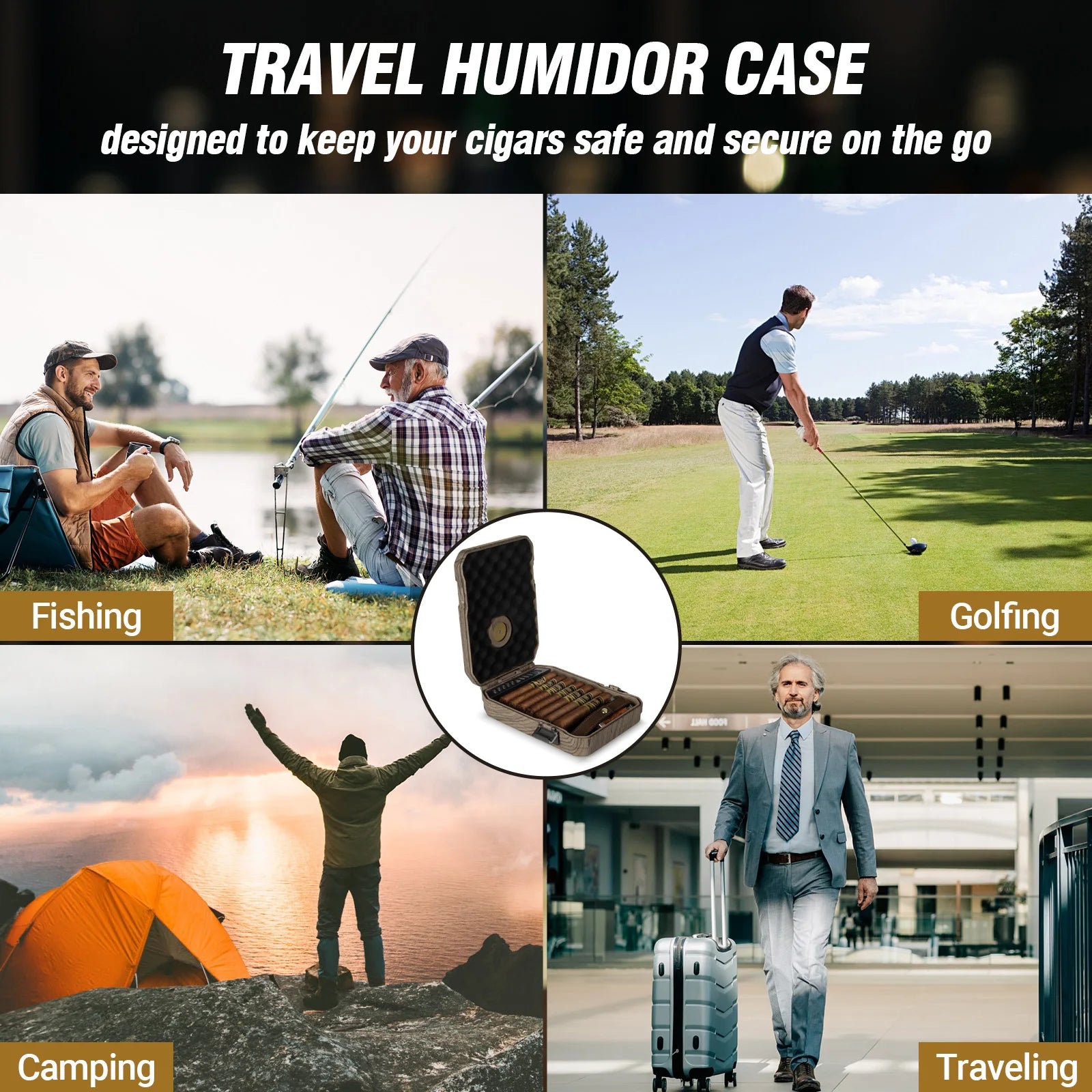 Travel Cigar Humidor with Cigar Lighter, Cedar Wood, V Cut Cutter, Portable Cigar Humidor with Humidifier & Hygrometer