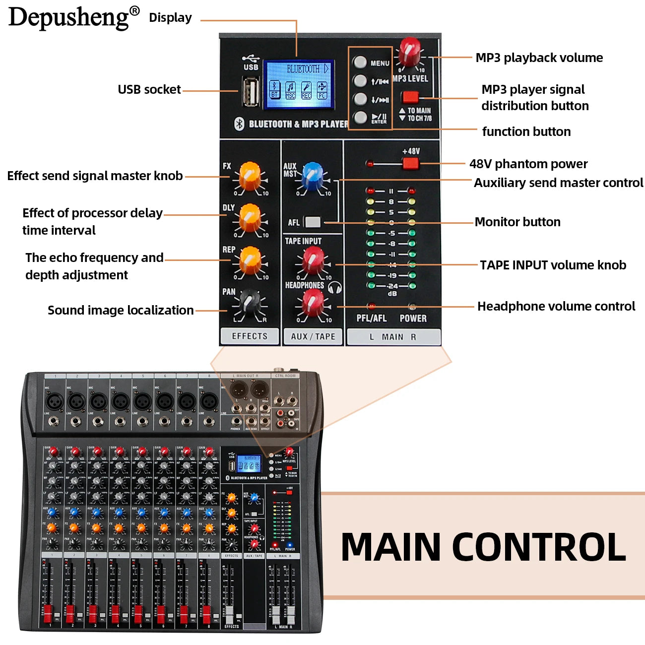 8 Channel Audio Mixer With Bluetooth USB PC Recording And 48V Phantom Power