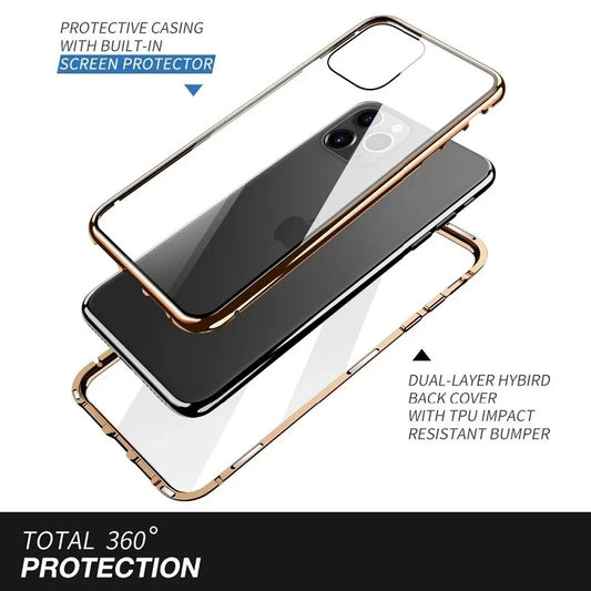 360°Full Protection Metal Snap Lock Phone Case For iPhone 16 Pro Max 14 15 Pro Max Double-Sided Glass Bumper Case