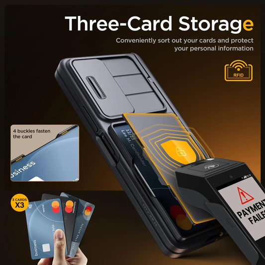 For Z Fold 6 Case with Secure Card Holder Sliding Camera Cover Rugged Hinge Protection Wallet Phone Case Glass Screen Protector