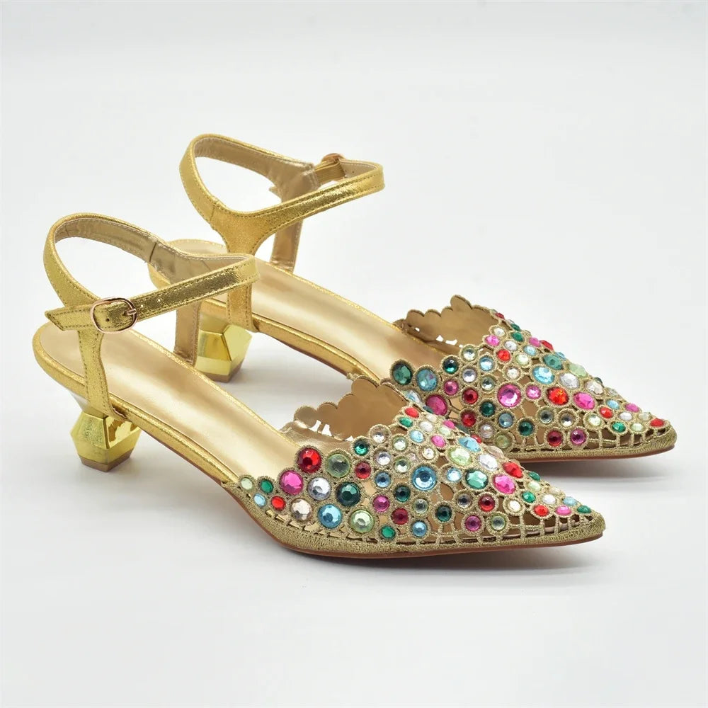 Italian Shoes and Bags Matching Set Rhinestones African Pointed Toe Women High Heel Evening Party Pumps Wedding Shoes Bride