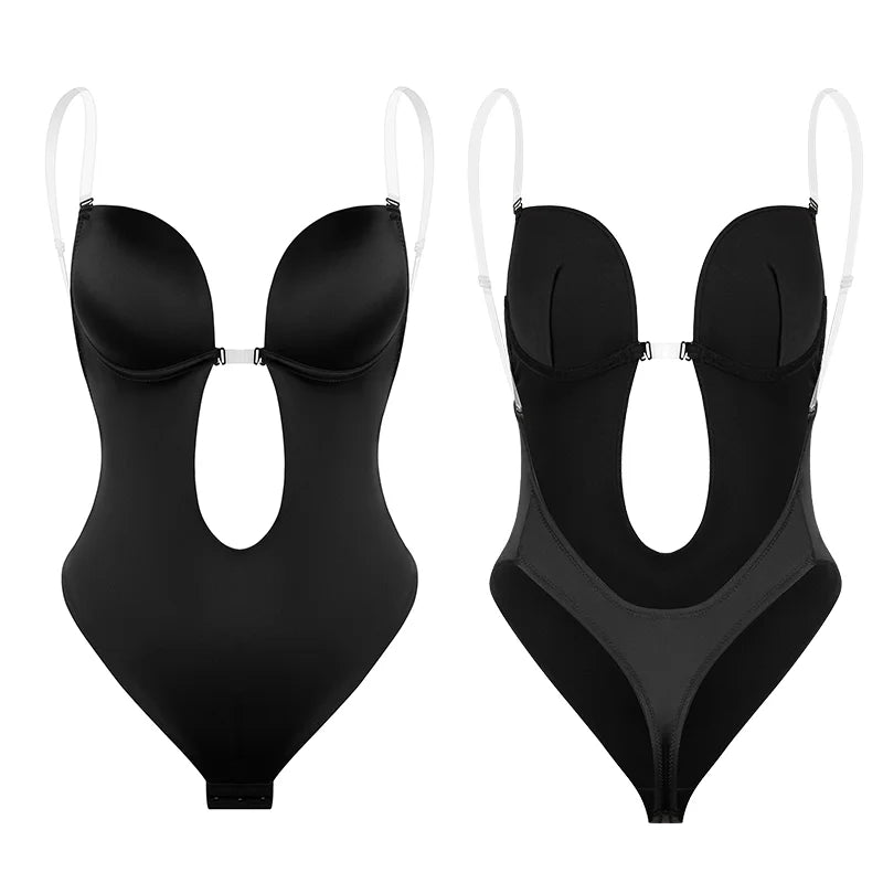 Women U Plunge Backless Bodysuit Shapewear – Deep V-Neck Tummy Control Body Shaper