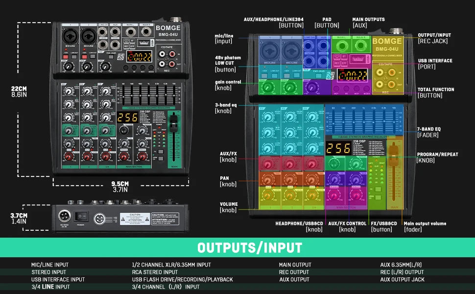 Compact Audio Mixer with 256 DSP Effects and 7 Band Master EQ