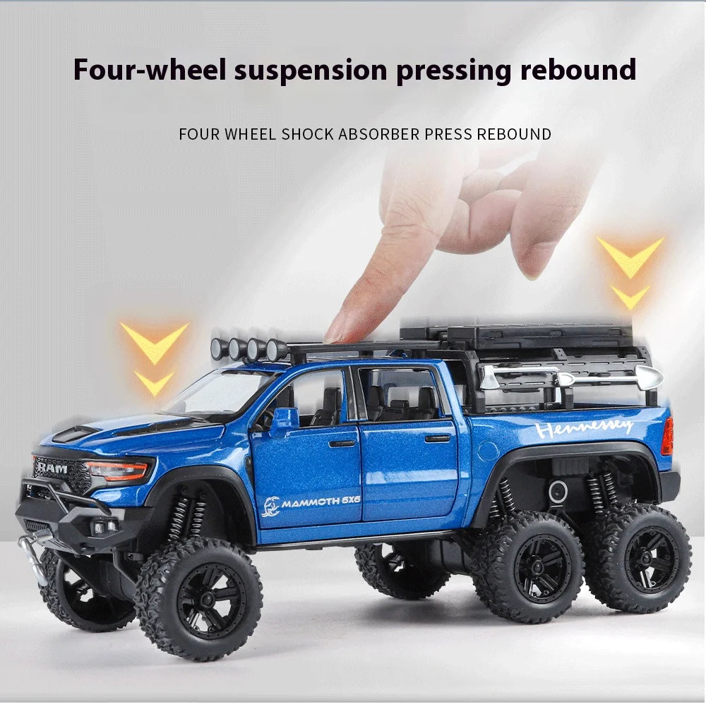 ﻿1:32 Dodge Tyrannosaurus Rex RAM 1500 TRX 6*6 Warlord Alloy Miniature Car Diecast Metal Scale Model Sound ＆ Light Toy Car