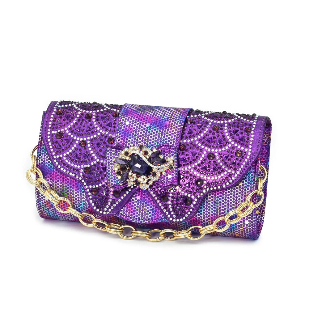 Pattern Popularity Newest Sandals Ladies Shoes and Bag Set Full Diamond Fashion Design Purple Color Pumps for Wedding Party