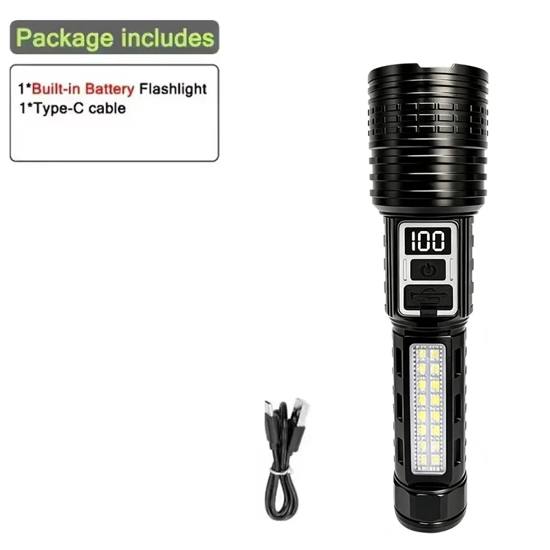 Powerful Rechargeable LED Flashlight With COB Side Light And Zoom