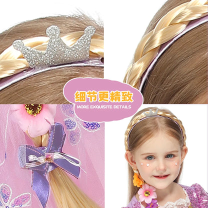 Princess Girls Flowers Headband Flower Fary Dress Up Weaving Long Braid Wig Headband Kids Halloween Rapunzel Cosplay Head Wear