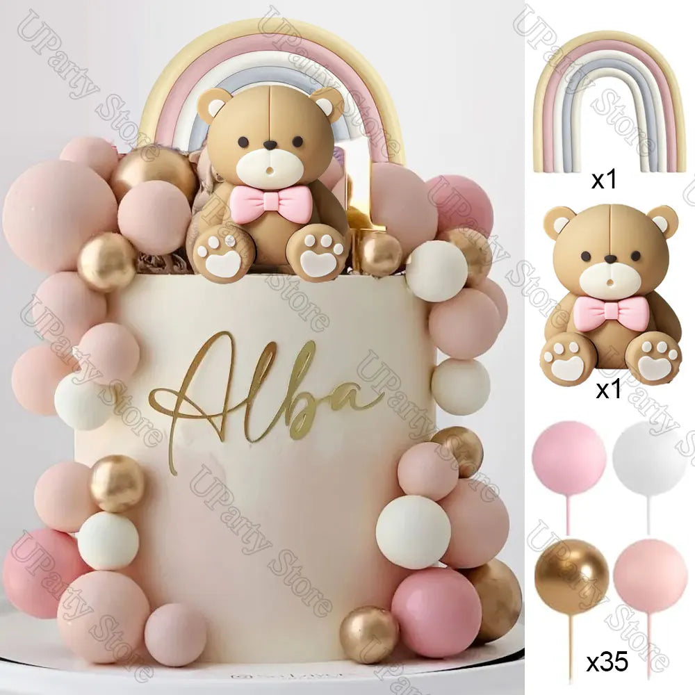 1 Set Pink Bear Cake Toppers Boho Rainbow Nude  Pink Balls Cake Decorations for Birthday Baptism  Shower Party Favor