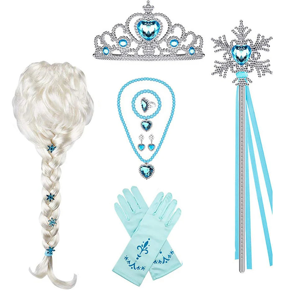 Elsa Princess Accessories Gloves Wand Crown Jewelry Set Elsa Wig Necklace Braid for Princess Dress Clothing Cosplay Dress UP