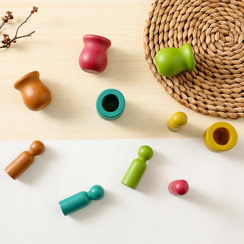 5PC Montessori Wooden Toy Baby Educational Development Games Colorful Wooden Barrel Doll Toys Color Matching Toys for Children