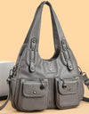 Women Casual Multiple Pockets Tote Bag Lady Large Capacity Shoulder Crossbody Bag Vintage Soft Leather Travel Bag