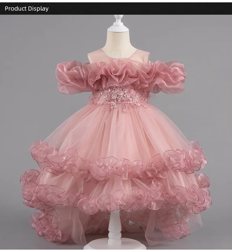 Luxury Off-Shoulder Girls' Dress - Convertible Tulle Ball Gown for Birthday Parties & On-Stage Events