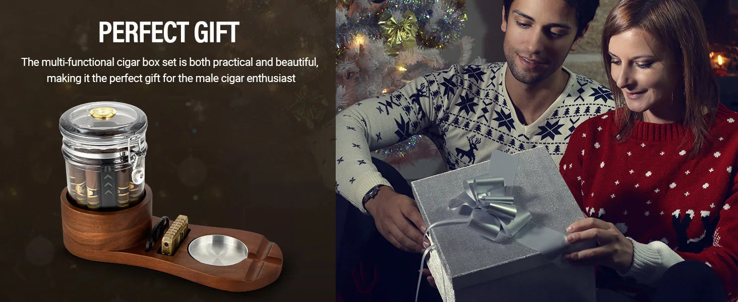 Cigar Humidor, Solid Wood Cigar Ashtray & Acrylic Cigar Jar Kit with Cigar Cutter, Humidifier and Dropper, Holds 18-20 Cigars