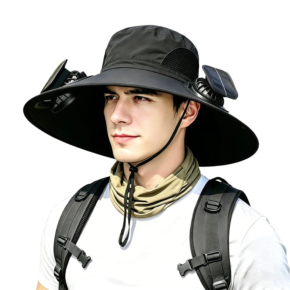Wide Brim Solar Fan Sun Hat With Dual Fans