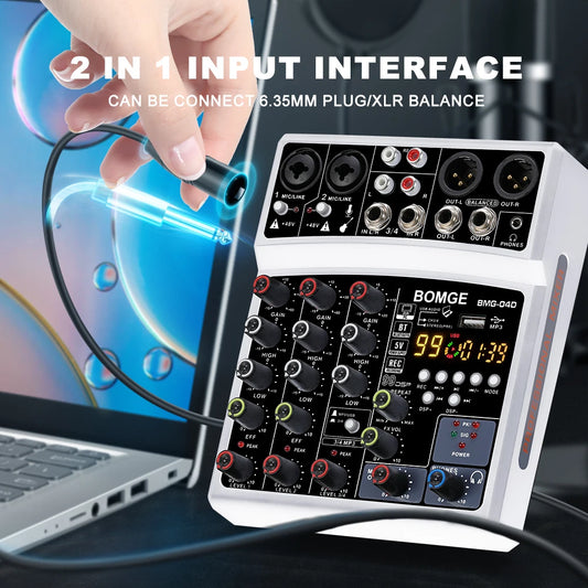 4 Channel Audio Mixer With USB 48V Phantom Power And 99 DSP Effects