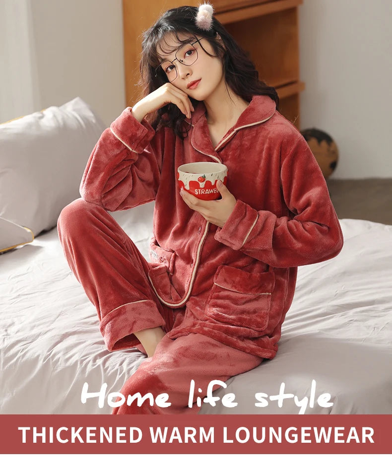 Women’s Winter Flannel Pajama Set – Warm, Thick Coral Fleece 2-Piece Loungewear