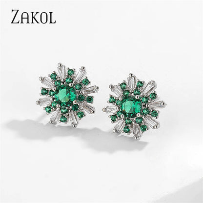 Korean Cute Green Snowflake Stud Earrings