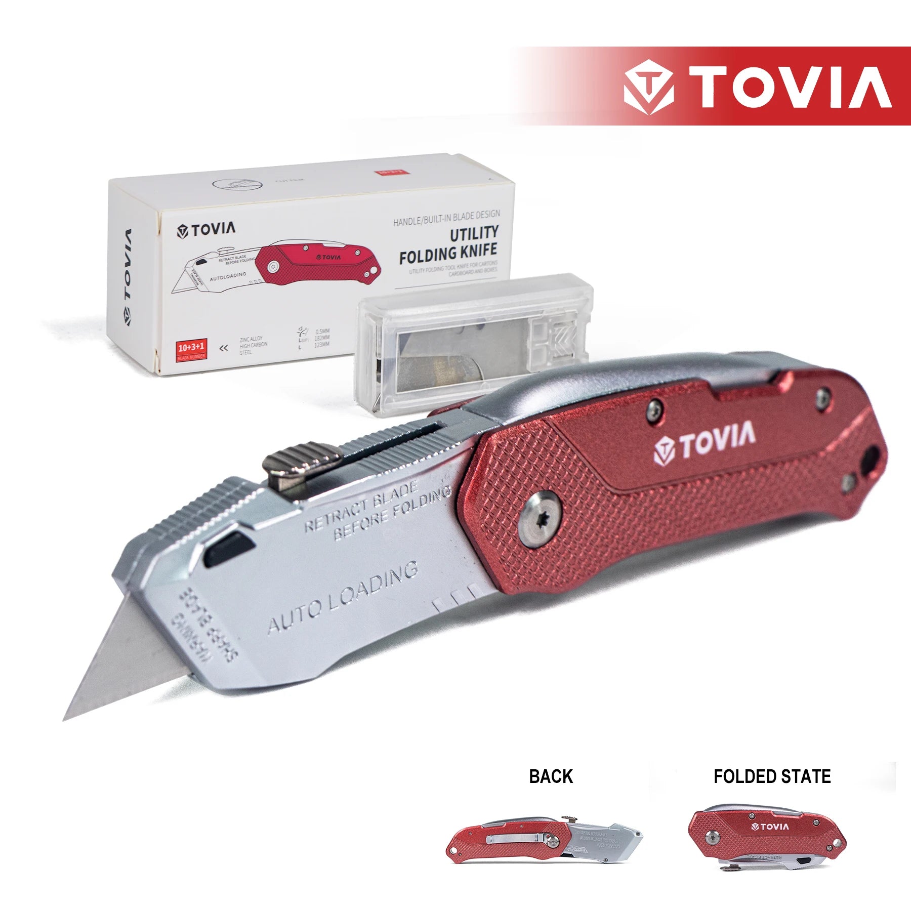 Folding Utility Knife Quick Change Box Cutter Blades, Extra 5 Blades Included, Box Knife for Cartons, Cardboard and Boxes