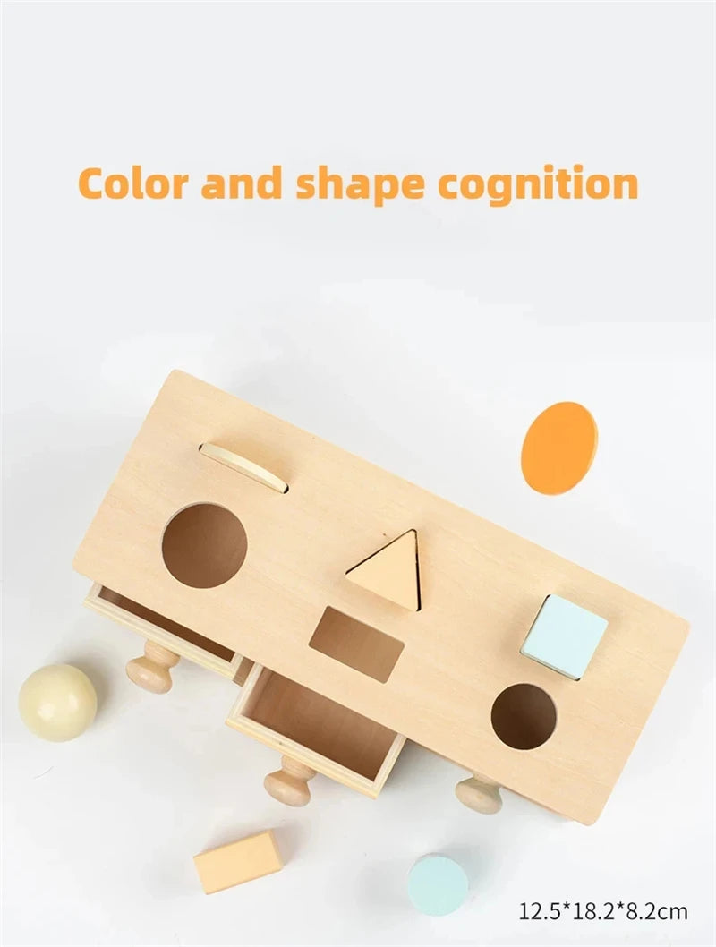Montessori Coin Ball Box  Toy Wooden Object Permanence Box Macaroon Color Spinning Drum Drawer Box Educational Toys