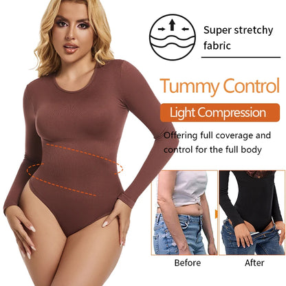 Shapewear Bodysuit Women Body Shaper Tummy Control Long Sleeve Open Crotch Crew Neck Seamless Shapers