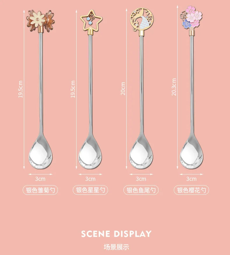 Colorful Cherry Spoons Long Handle Dessert Spoon 304 Stainless Steel Petal Teaspoons Catoon Blossom Star Fish Shape Home Decor