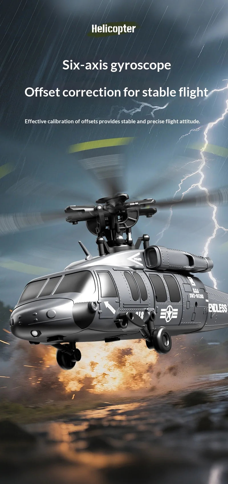 Six Channel Remote Control Military Helicopter With Simulated Stunt Design