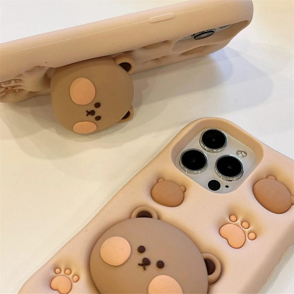 Cute 3D Cartoon Bear Paw Holder Grip Phone Case For iPhone 15 14 13 Pro Max Lovely Silicone Soft Cover Camera Protection