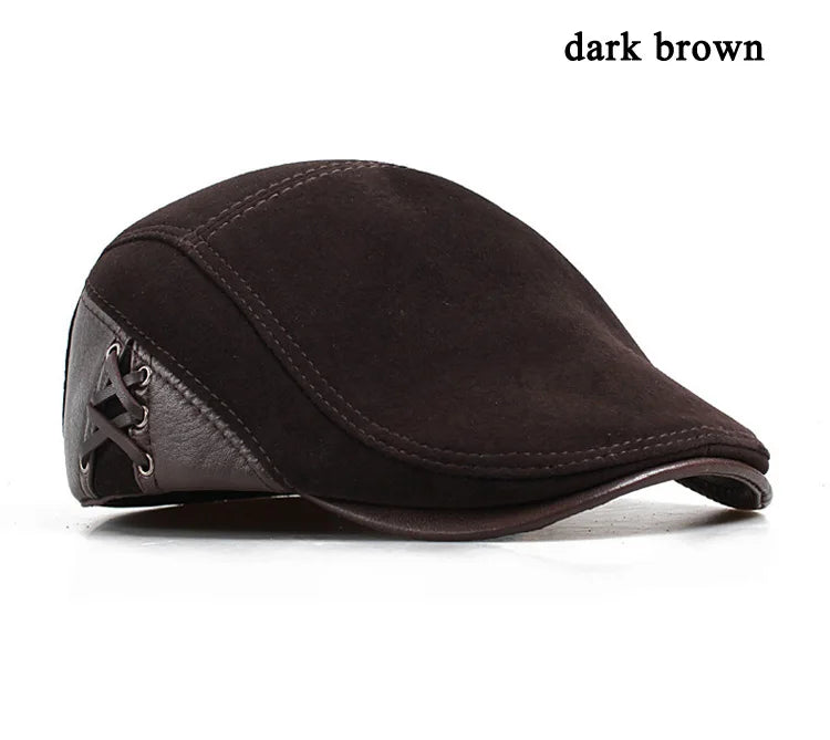 European Style Genuine Leather Caps Beret Man Casual Sheepskin Suede Fitted Duckbill Hats Male