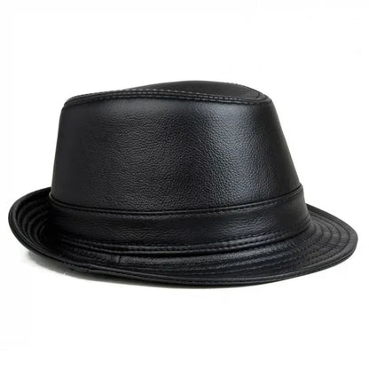 Man High Quality Genuine Leather Jazz Fedora Gentleman Cow Skin Short Brim Fitted Top Hat Male Shows