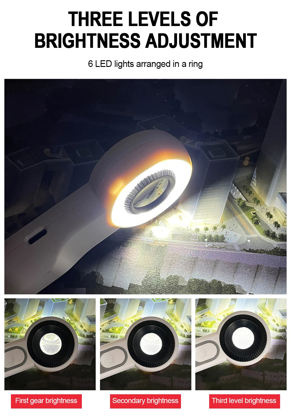 Rechargeable LED Magnifier 5X–12X Handheld with 3 Light Modes