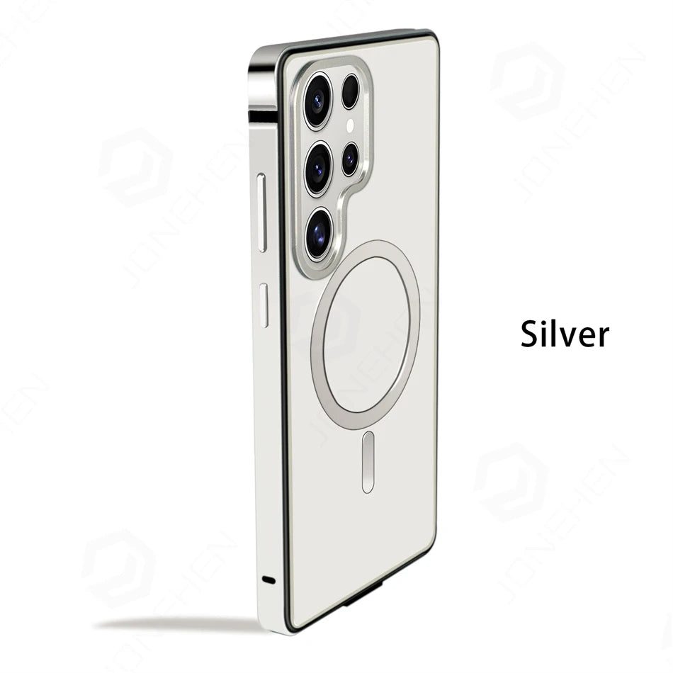 Magnetic Aluminum Metal Frame Case for Samsung Galaxy S26 Ultra / S25 Ultra – MagSafe Hybrid Bumper Transparent Back Cover