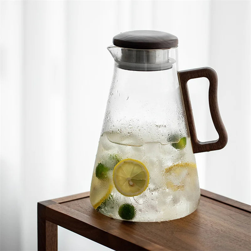 Large Capacity 2000ml Glass Water Jug with Wooden Handle and Filter Lid