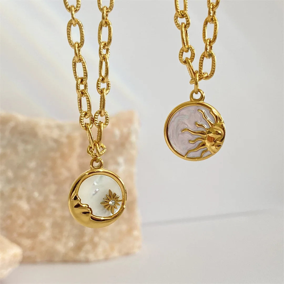 Vintage Sun and Moon Pendants Necklace White Shell Round Coin Stainless Steel Chain Necklaces