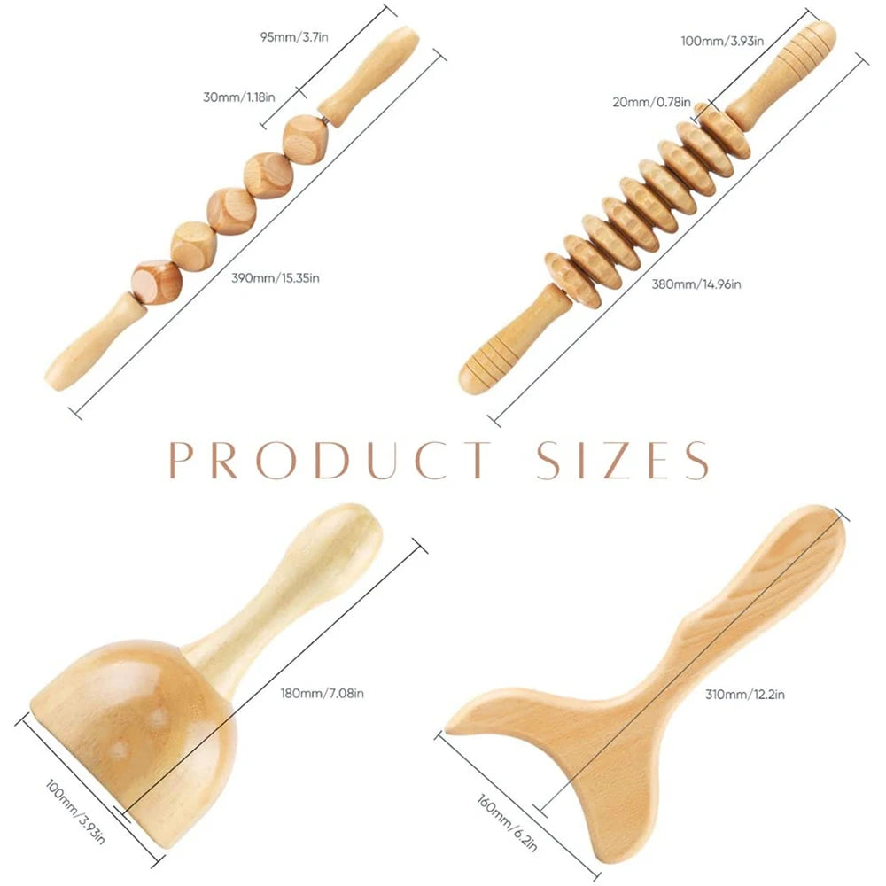 4 in 1 Wood Therapy Massage Tools, Lymphatic Drainage & Cellulite Massager,Professional Maderoterapia Kit, Body Gua Sha Massager