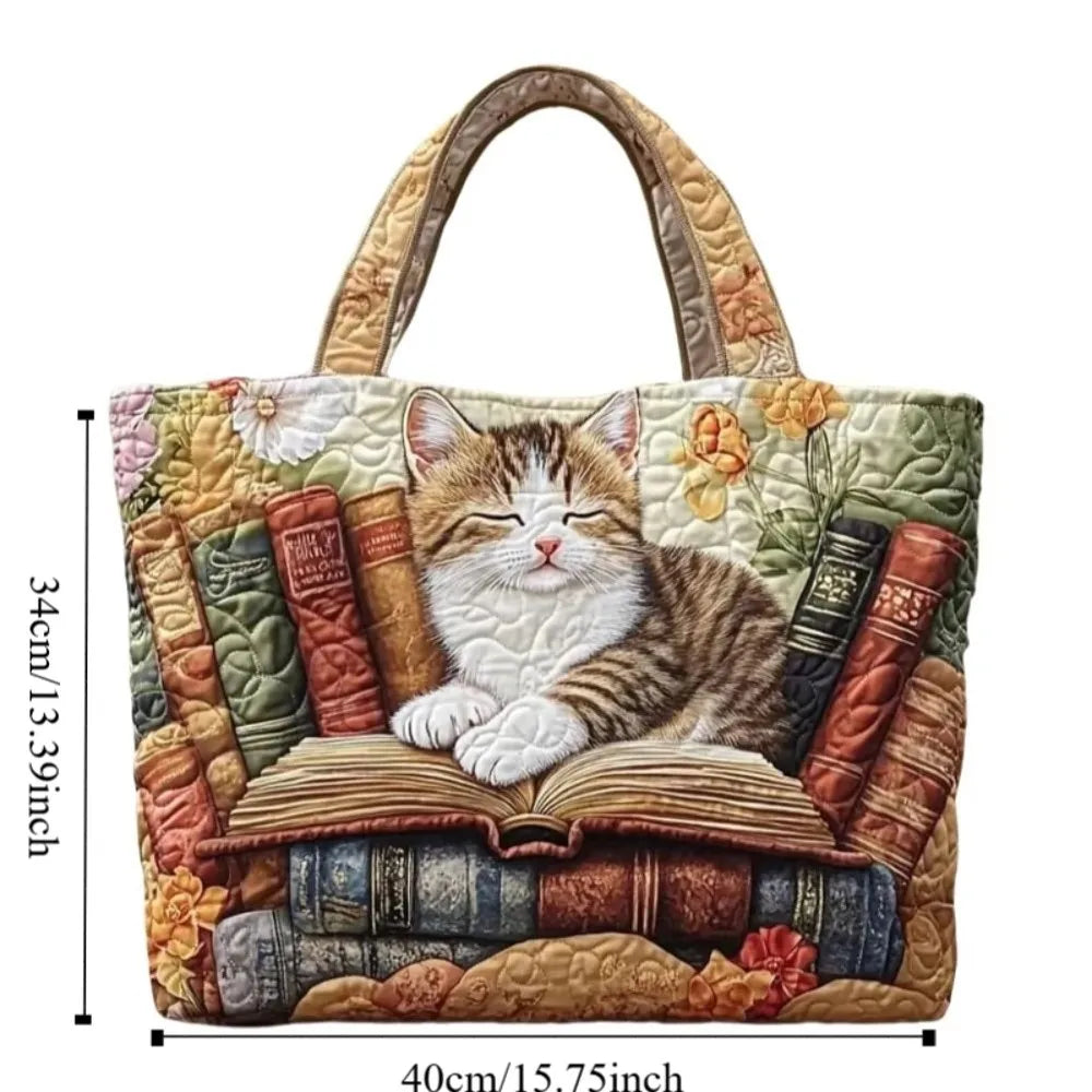 Cat Print Quilted Cotton Tote Bag Large Capacity Shopping Shoulder Handbag