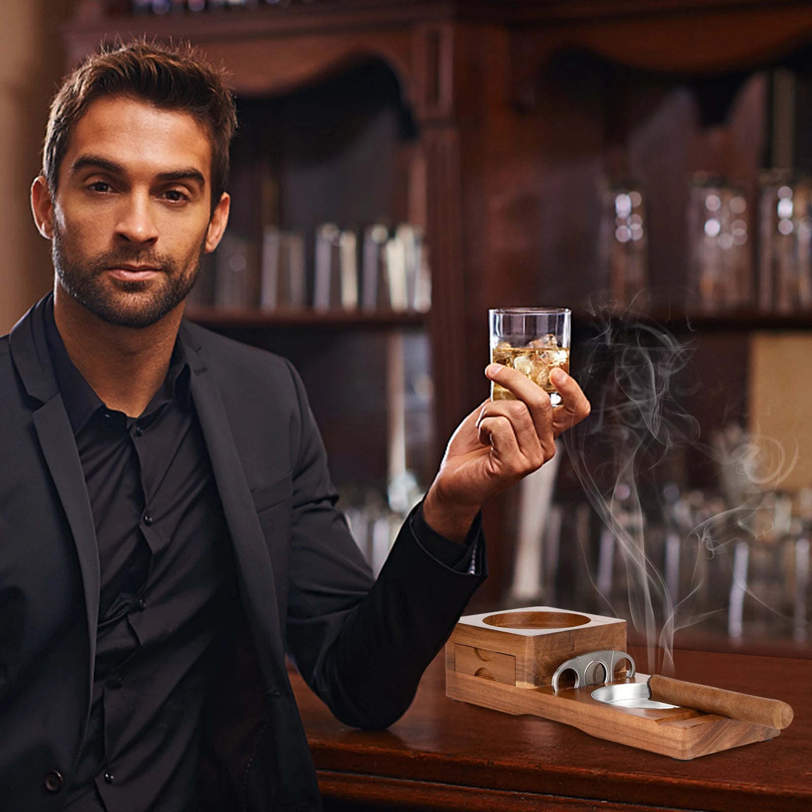 Cigar Ashtray for Men, Whiskey Glass Tray, Wooden Ash Tray, Cigar Cutter, Include Drawer, Cigar Slot, Accessories