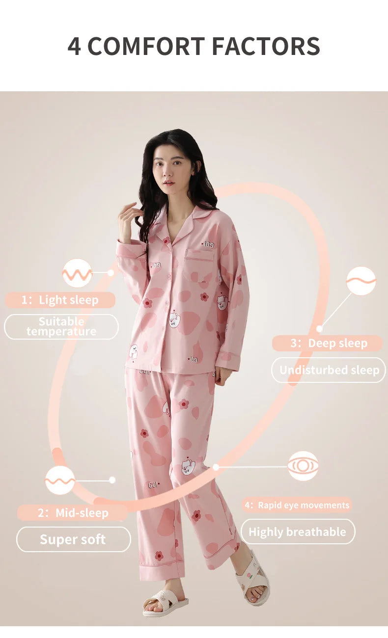 Women’s Winter 100% Cotton Pajama Set – Loose Fit, Turn-Down Collar, Long Sleeves, Cute Pink