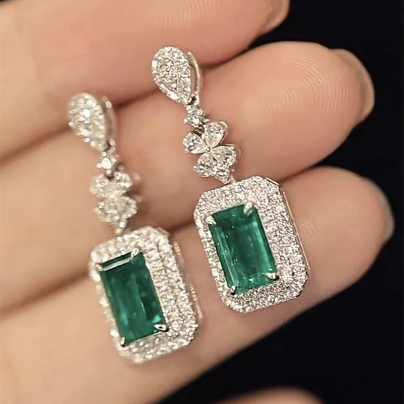 Vintage Green Square Crystal Dangle Earrings