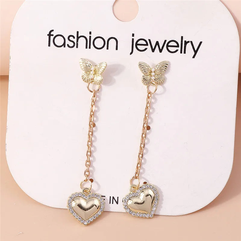 Korean Crystal Heart Earrings Pearl Butterfly Long Dangle Earring Trendy Jewelry