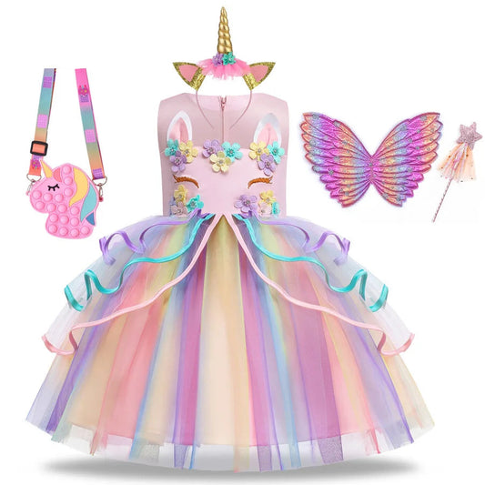 Rainbow Unicorn Princess Dress with Bow and Tulle Skirt Birthday Party Costume
